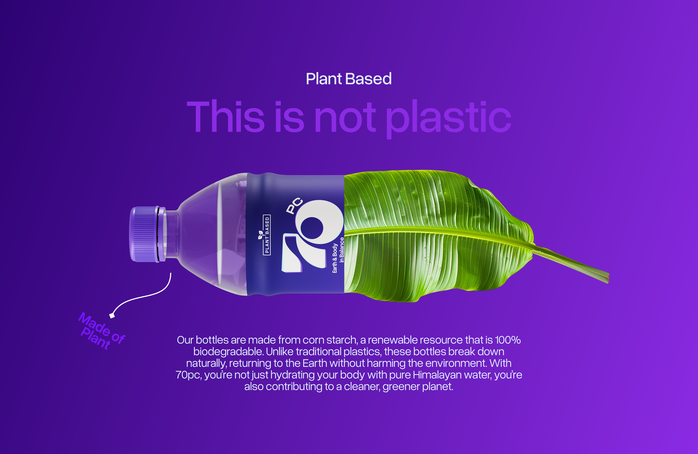 70pc - Biodegradable Water Bottle Branding & Packaging Design 3d design 3d render biodegradable bottle design brand identity branding color palette concept design eco friendly eco packaging label design logo minimal design nature inspired package design packaging design product design sustainable design visual identity water bottle