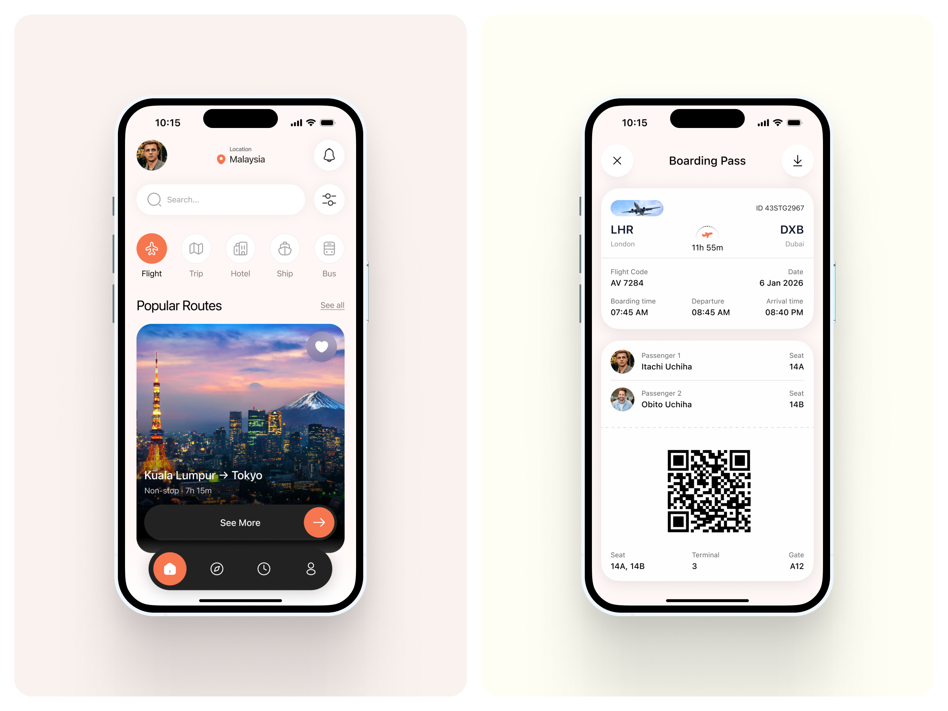 Flight Booking & Boarding Pass App airline app app design boarding pass card design digital product flight booking interaction design interface design minimal design mobile app mobile ui product design startup app travel app travel technology trip management ui design user experience user interface ux design
