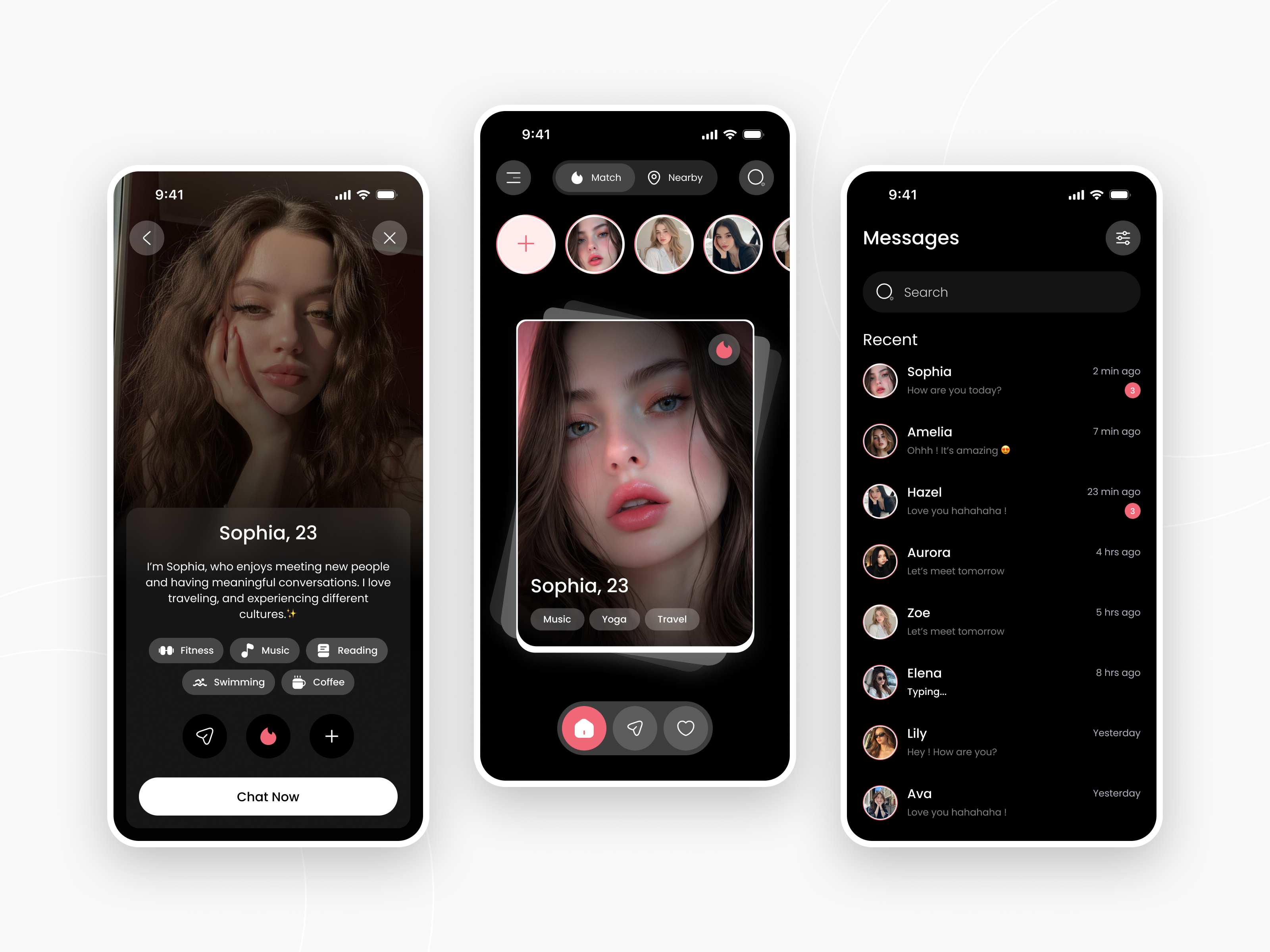 Amoura - Dating App ai dark ui dating app ui glassmorphism ui matchmaking app messaging app mobile app modern app modern uiux social app swipe card interaction ui