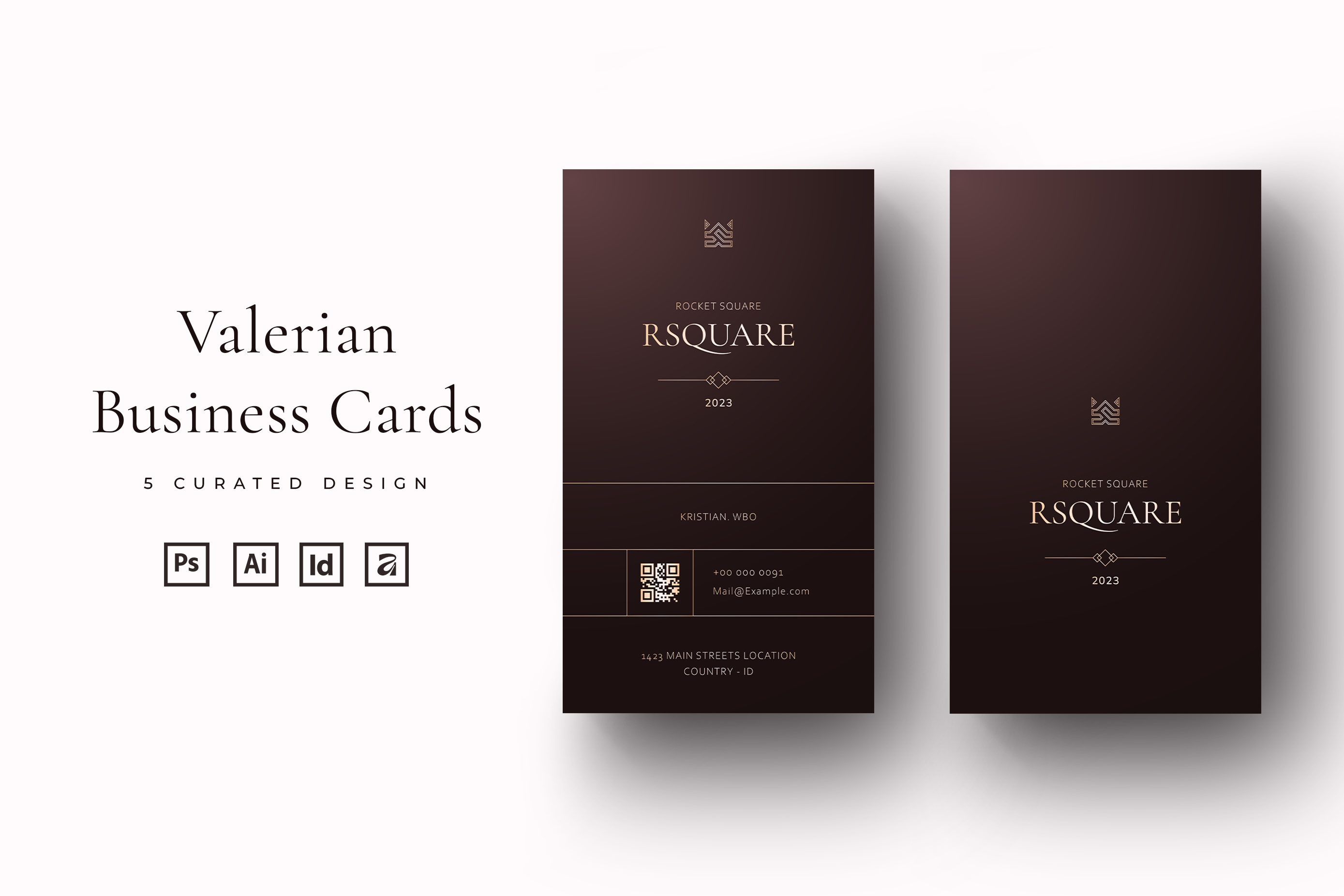 Valerian - Modern Business Cards affinity designer affinity designer business card bitmap business card business business card card dark brown dark brown business card eps business card gold gold business card illustrator business card indesign indesign business card photoshop business card psd business card qr code business card ready print business card vector business card vertical