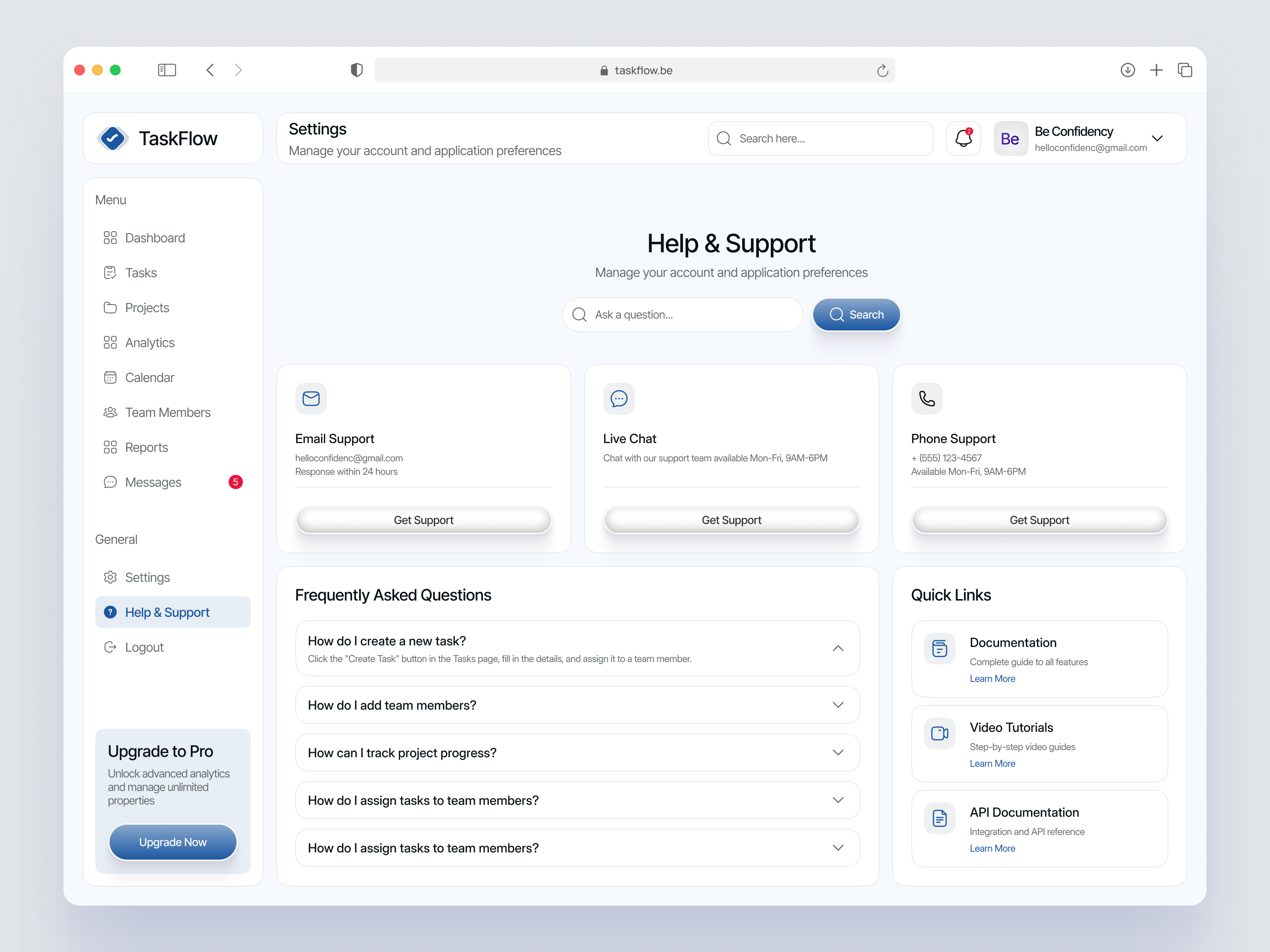 TaskFlow - Help & Support Dashboard UIUX | SaaS