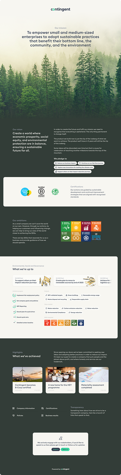 Contingent - Sustainability platform WIP graphic design one pager ui website