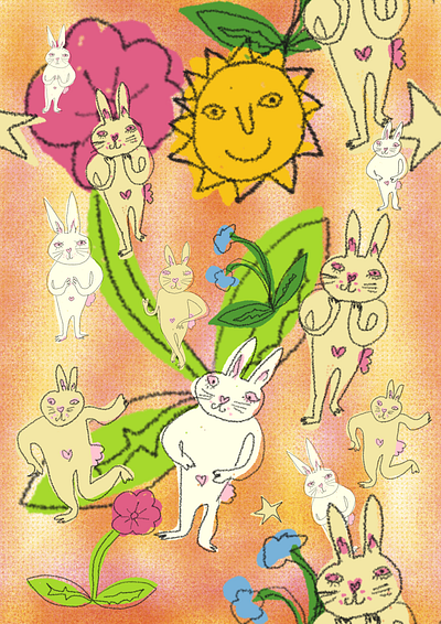 Bunnies Repeat Print (2022) 2d animals bunnies digital drawing illustration rabbits repeat print surface design vector