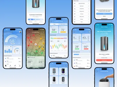 Purio—Air Quality Monitoring App air air health air pollution app air quality air quality monitoring app app design clean air environment app iot iot device minimal mobile app mobile app design mobile app designer mobile app ui monitoring pollution pollution tracker tracking app weather mobile app