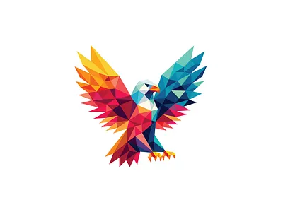 Colorful Geometric Eagle Logo animal art bird colorful eagle falcon feathers geometric graphic design hawk illustration logo design low poly mascot pixel sport team technology vector logo vibrant wings