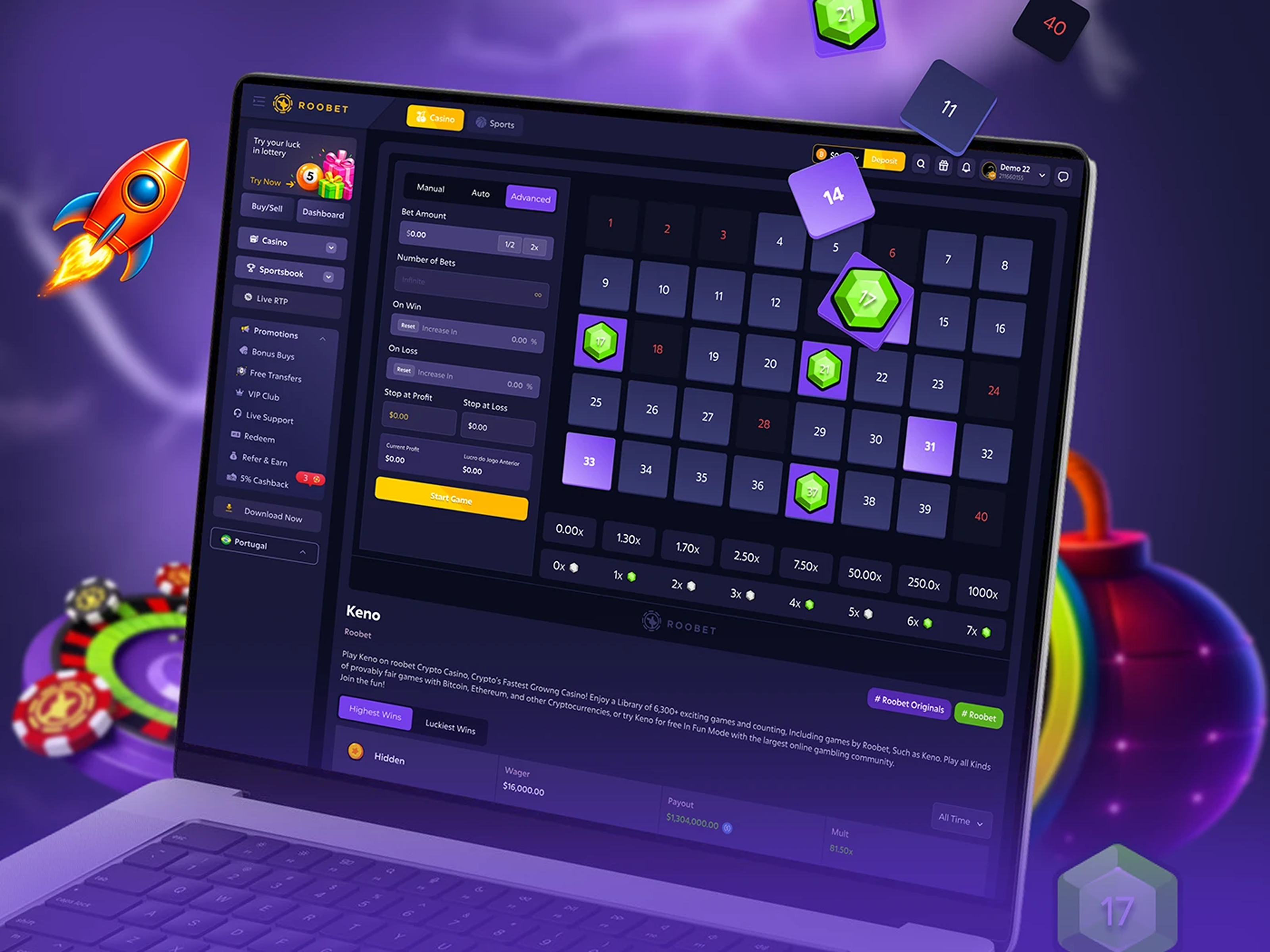 Example of Keno Betting Game Interface – Casino Web App