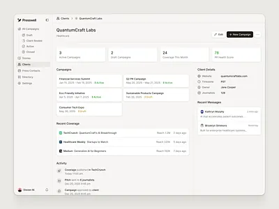 Client dashboard activity feed app campaign management clean client client dashboard coverage tracking crm interface dashboard flat messaging panel minimal pr dashboard saas saas admin ui shadcn shadcnui tailwind ui ux