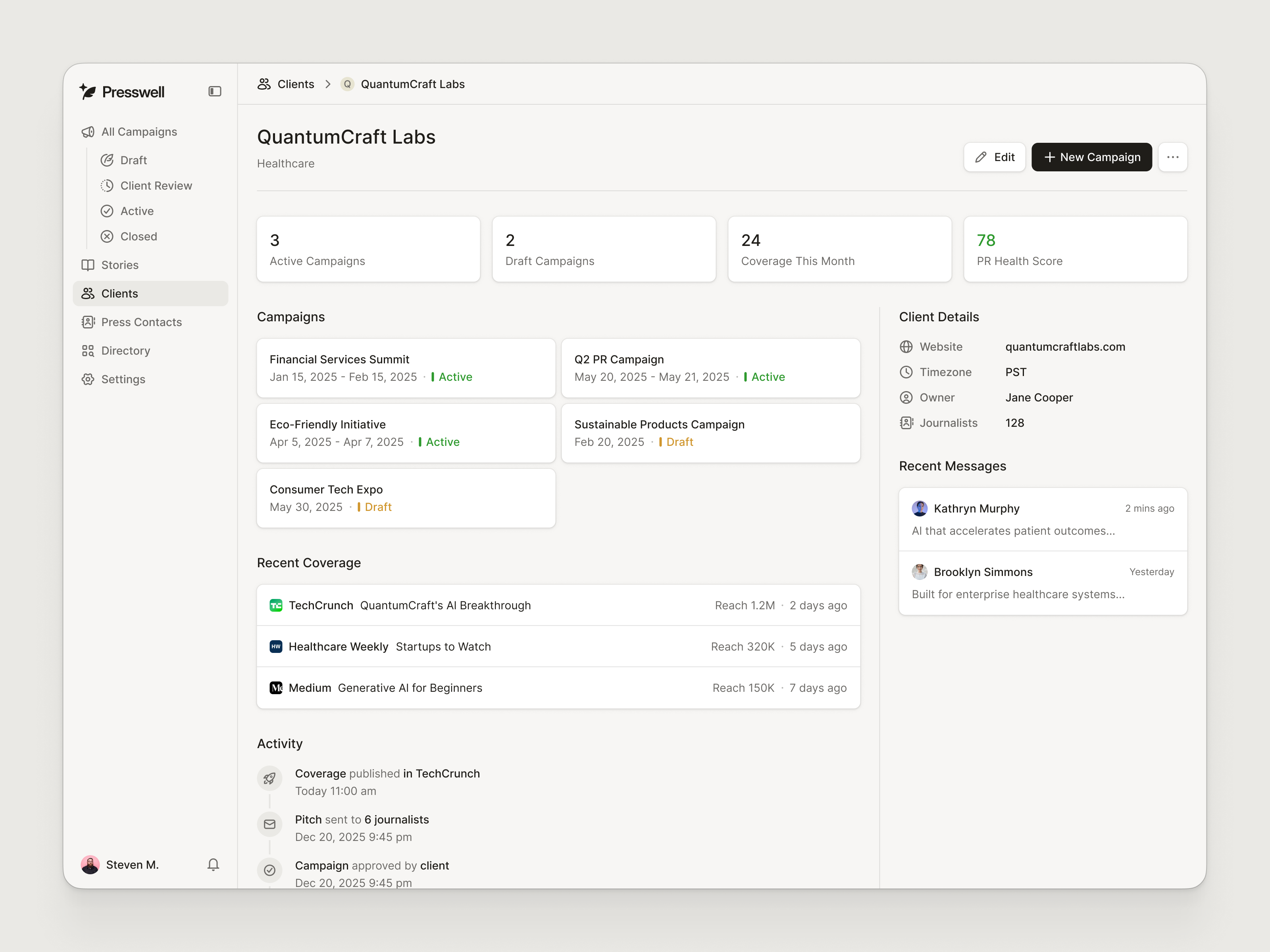 Example of Client dashboard