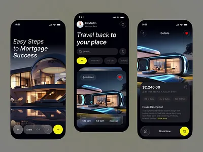 Modern Real Estate Mobile App UI — Dark Mode Property Finder apartment app design app ui booking app dark mode dashboard figma mobile app nft app product design property app real estate realestate realestate app rental app strategy ui design ux design