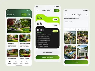 AI Garden Mobile App Design agriculture app ui ai ai assistant app ai garden app app app design garden generative ai image generation landscape mobile mobile app modern app design organic design planting smart garden smart garden tracker tree app ui ux design