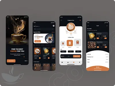 Coffee Shop Mobile App UI – Dark Theme app cafe app design coffee coffee delivery app coffee mobile app coffee ordering app coffee shop dark theme design system digital wallet app discover ecommerce food delivery app menu mobile new noteworthy product design store web welcome