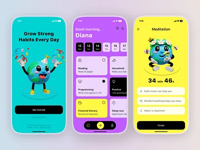 Daily Habits & Meditation App UI Design 3d illustration app design daily routine app dashboard ui habit app habit builder habit tracker meditation app mobile mobile app design mobile app ui mobile ui design modern ui productivity app self improvement task manager app ui ux design ux inspiration web wellness app