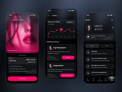 Dating Mobile App UI Design | Credits, Activity & Profile Screen app design chat dating app credit system dark mode ui dating app dating platform love app match app matchmaking app mobile app modern dating app online dating profile screen relationship app social app social dating social platform swipe app ui design ux design