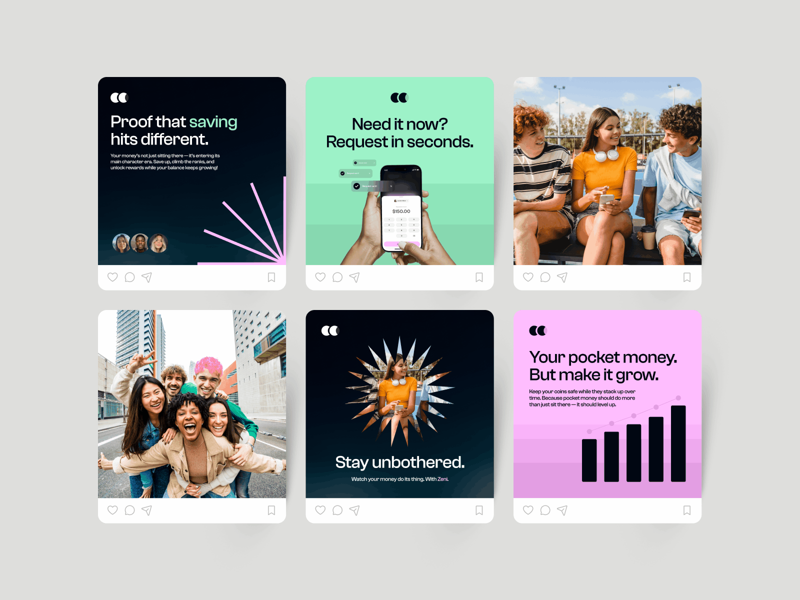 Zeni - Social media templates for Gen Z banking app achievements app finance gamification gen z genz goals instagram media mobile money saving social socialmedia templates