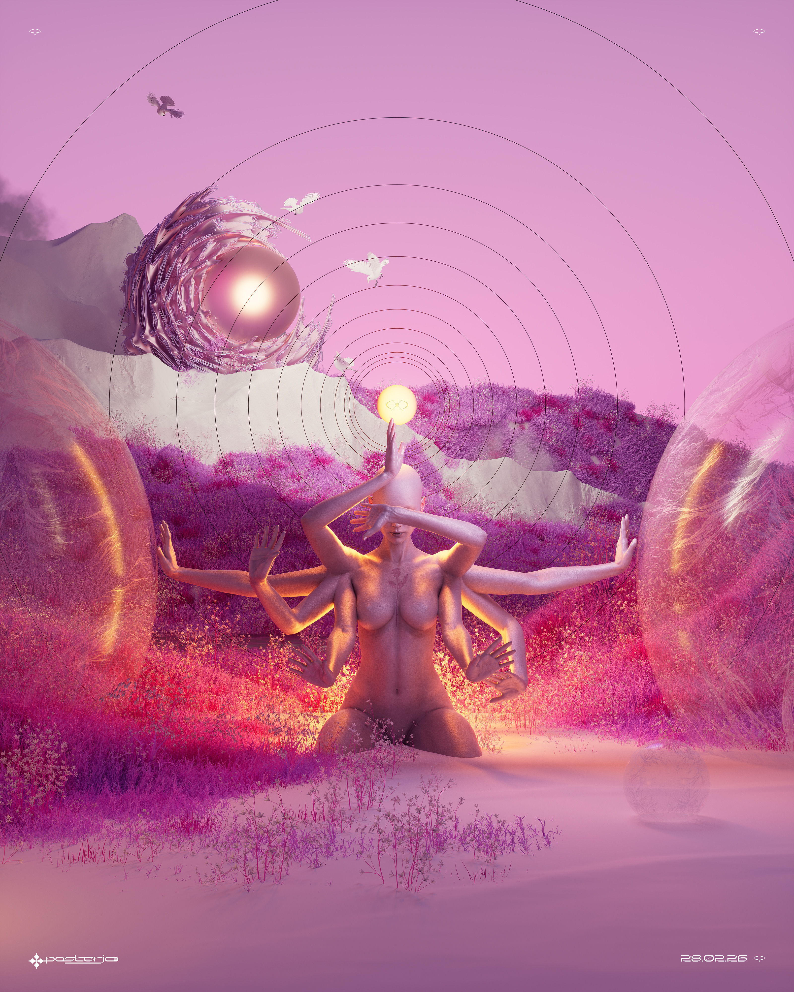 Terraformer pt2 - 28.02.26 3d birds blender bubble c4d joan sterjo meditation nature octane pink flow poster posterjo sterjo surrealistic