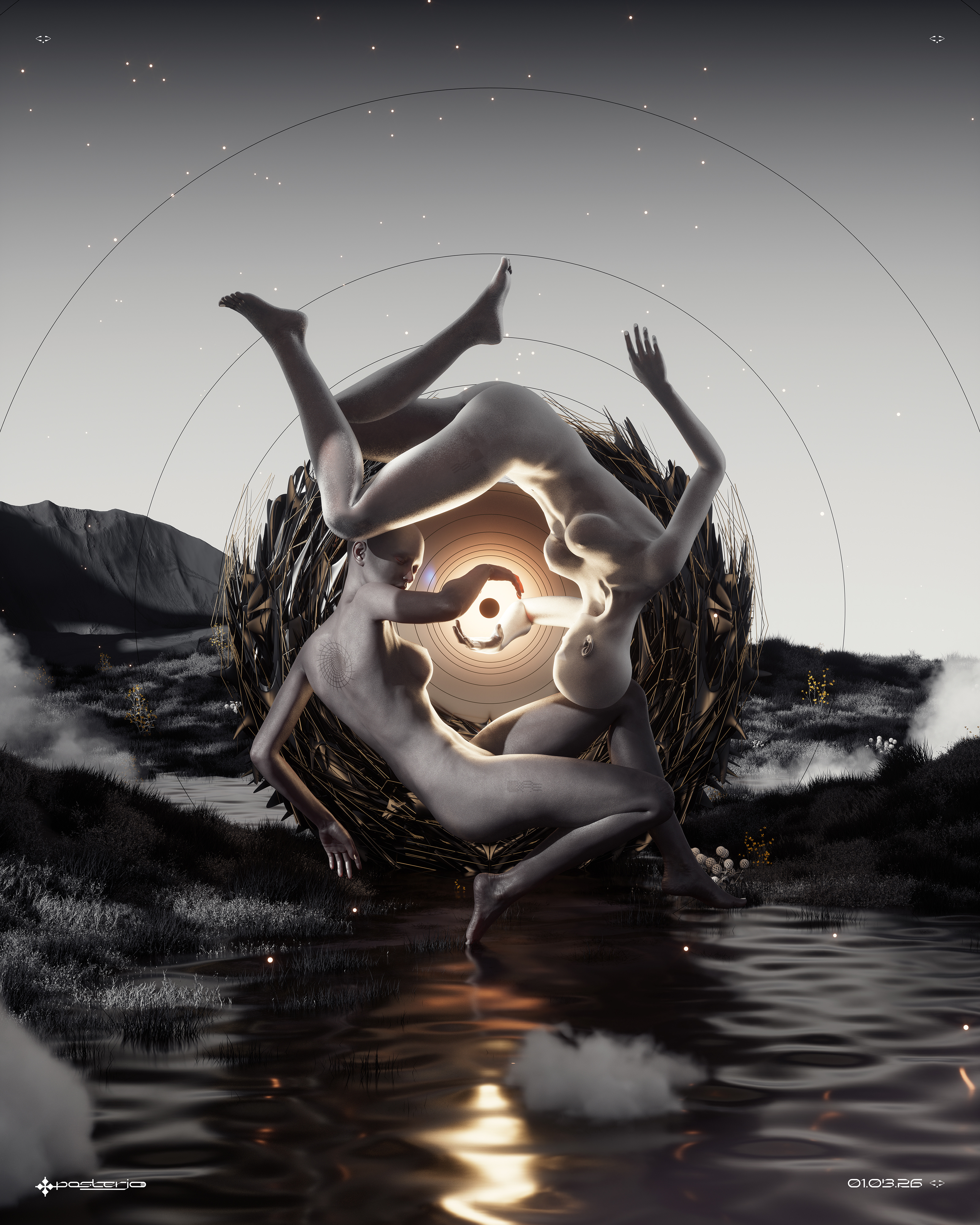 Singularity pt2 - 01.03.26 3d alien alien world blender colors dance floating joan joan sterjo nature octane poster posterjo render singularity surrealistic symmetric