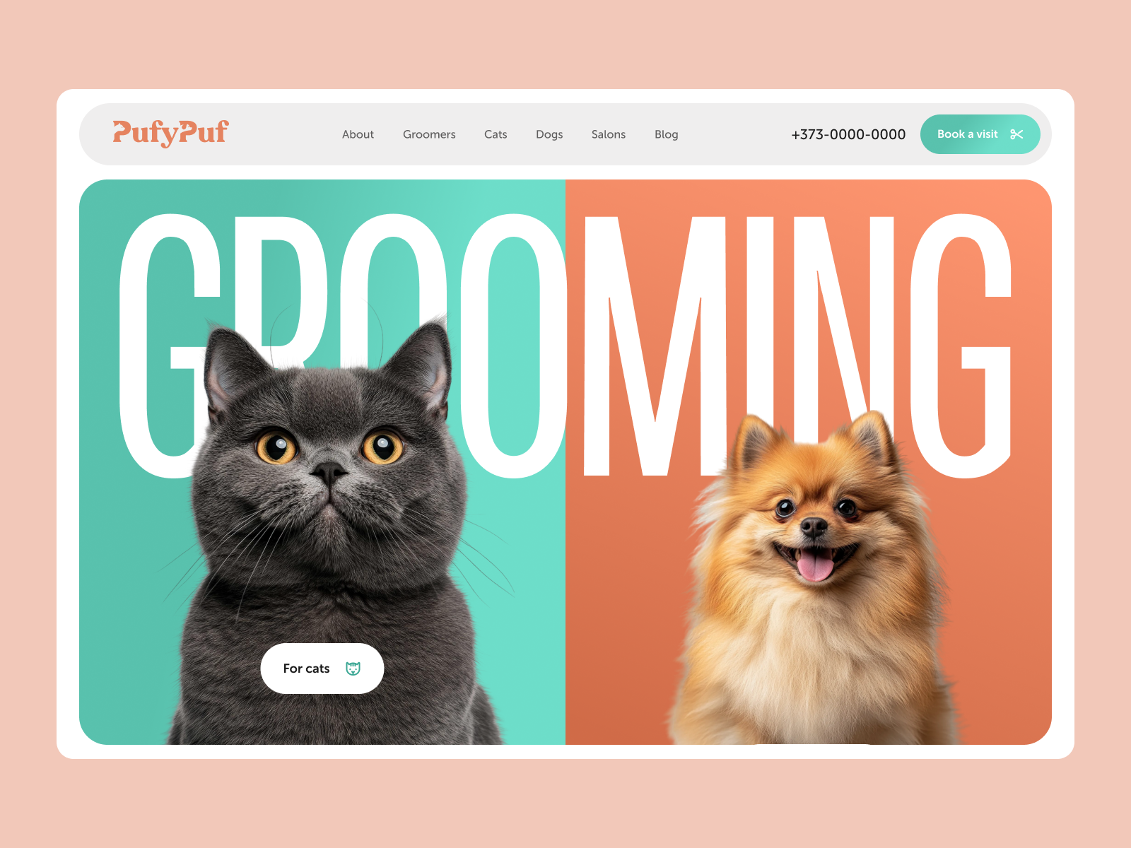 Pufy Puf | Pet Grooming salon animals animation bento bento design bento design website cat cats colorful cute design dog dogs figma friendly groom grooming pet ui uxui web design