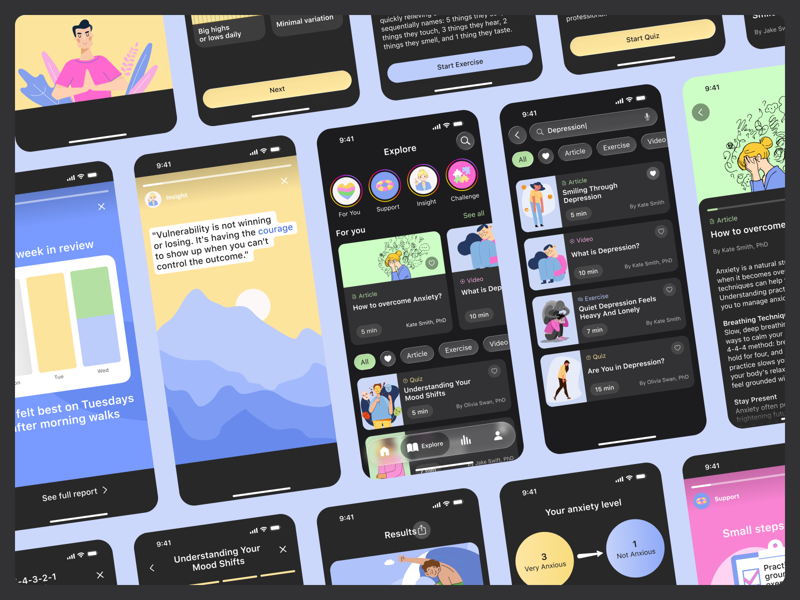 Explore Mental Health, Quizzes & Exercises - Mood Tracker App anxiety relief emotion tracking grounding exercise guided exercises ios ios app design iphone app mental health mental health app mental health articles mental health quiz mental health videos mobile app mobile ui mood tracker mvp psychology quiz self care wellbeing app wellness app