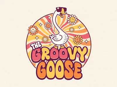 Groovy Goose Retro Mascot Logo with Vintage 70s Illustration 70s design badge logo branding cartoon logo funky logo groovy logo hippie style logo logo design mascot illustration mascot logo psychedelic design retro aesthetic retro branding retro illustration retro logo retro mascot vintage branding vintage logo vintage mascot