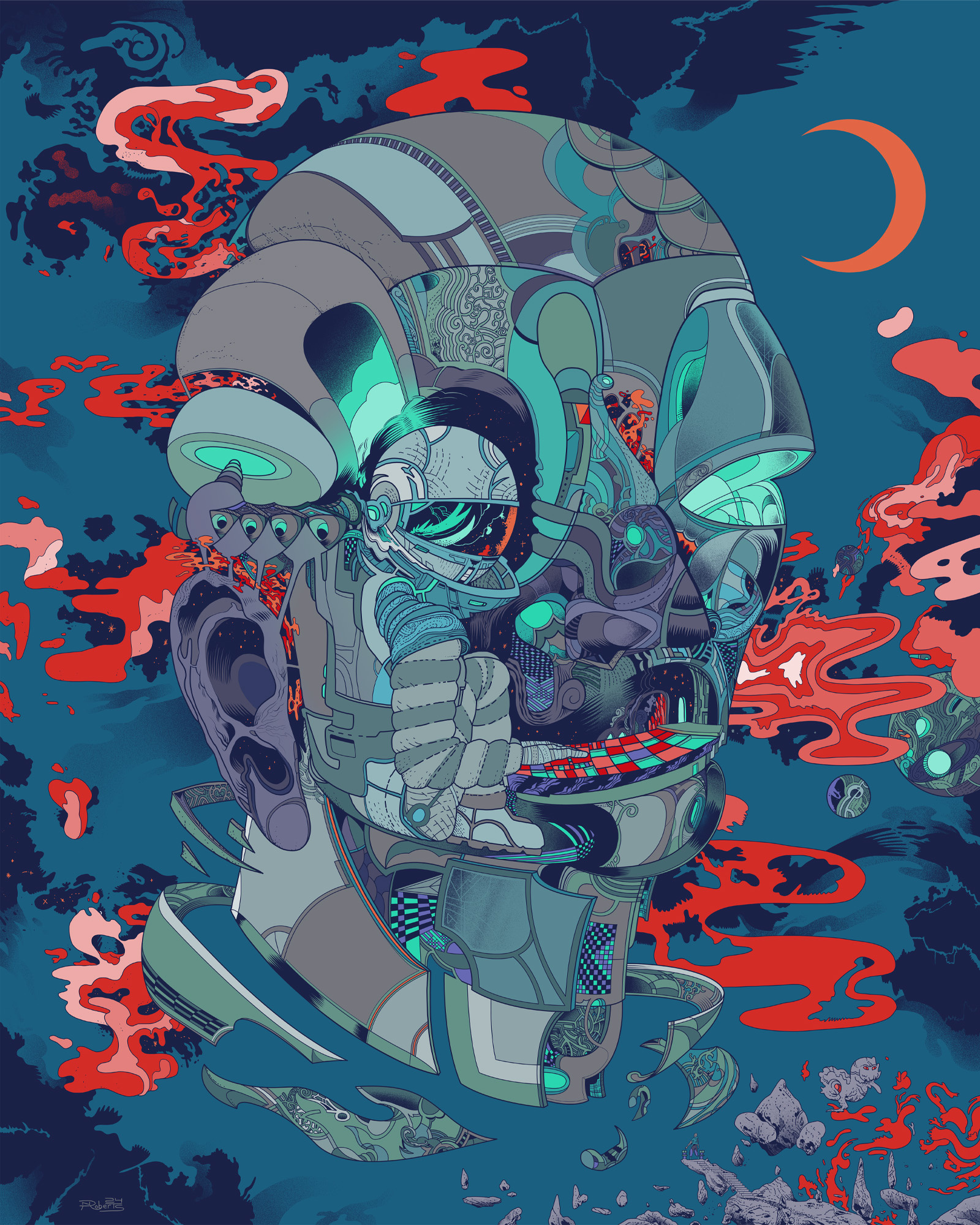 Space Man - Art Poster art art print astronaut celestial clip studio paint colorful concept art cosmic cosmos digital art hand drawn illustration pilot quantum science fiction scifi space spaceman