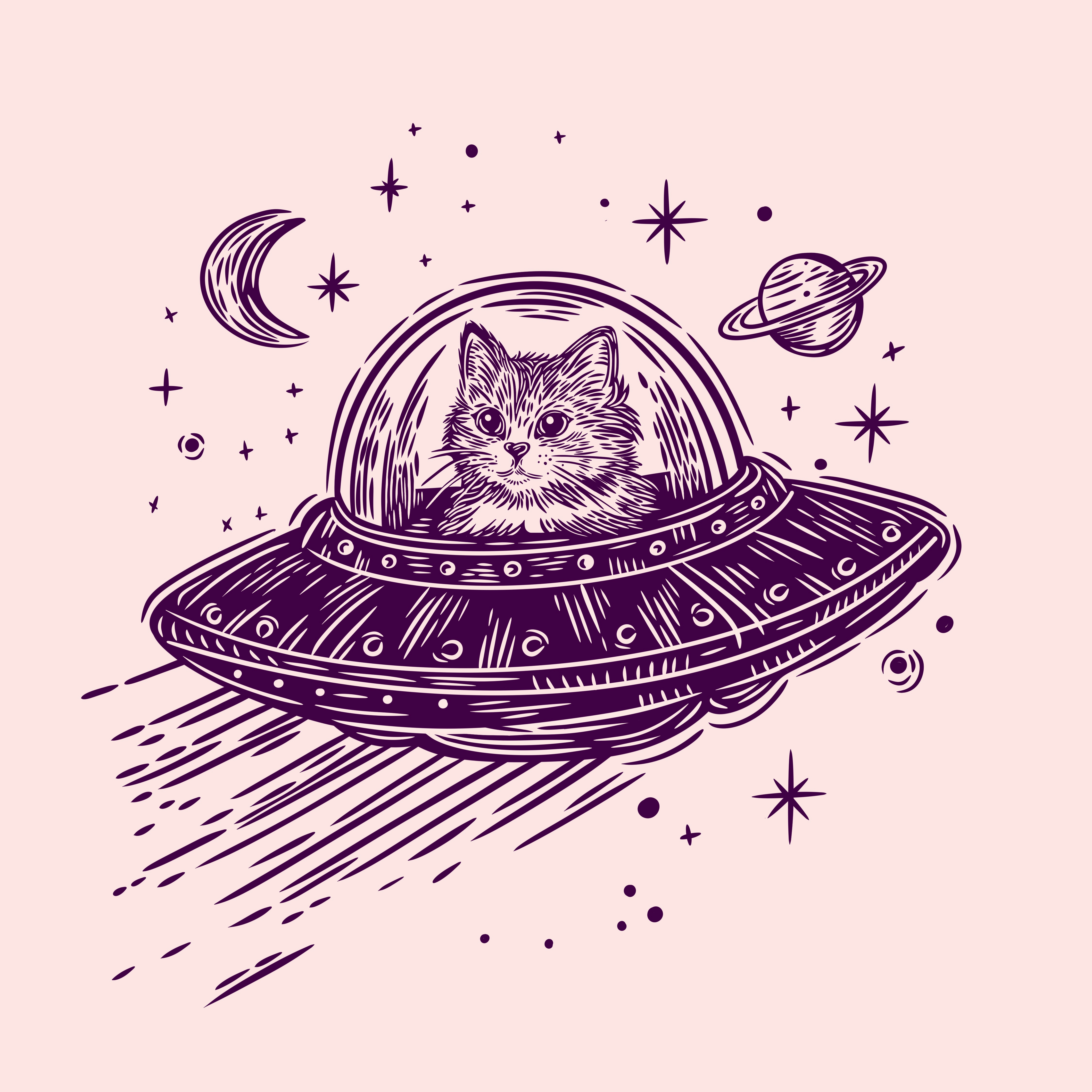 Space Cat in Flying UFO Illustration carving cat digital drawing engraving graphic design hand drawn illustration line art lino lino cut linoleum scratchboard space style ufo