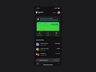 Freedom Finance: Temporary access account ai artificial intelligence balance bank card card design finance fintech freedom freedom finance graphic design receive scan send swift trade transaction transfer uiux