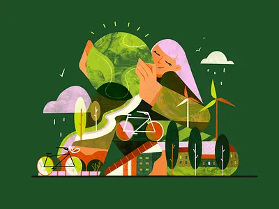 Environmental Protection Illustration for Website awareness branding climat change cycling eco design eco friendly editorial environment protection graphic design green city green energy illustration landscapes protection save planet save the earth sustainability web illustration website wind turbines
