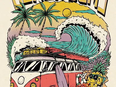 BEACH BUMS apparel beach branding character clothing digital art drawing graphic design illustration logo mascot merchandise pineapple surfing vintage
