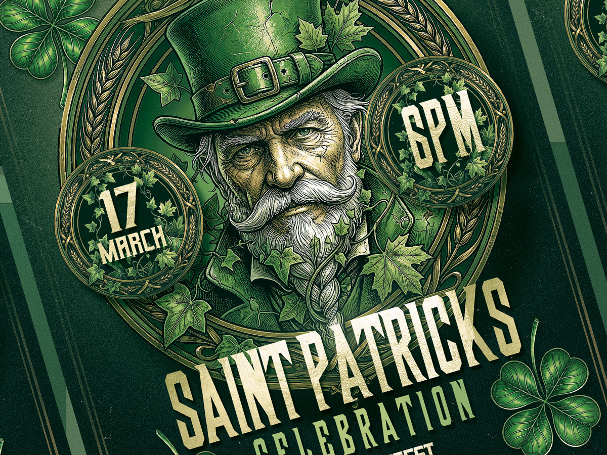 Vintage St. Paddy’s Day Flyer – PSD Template celebration event poster flyer design grunge style irish pub print design psd template retro design saint paddys st patricks day typography vintage flyer