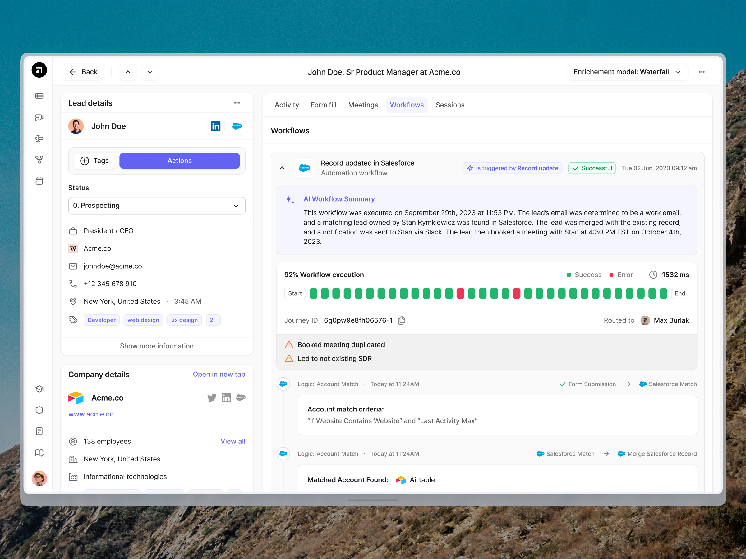 Default.com — record details (Workflow logs) actions apollo.io attio clay dasboard default.com detailed page history inbound modal outbound record record details tabs timeline triggers workflow