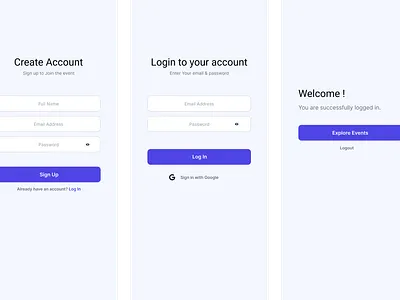 DailyUI #001 - Sign Up / Login / Home Screens
