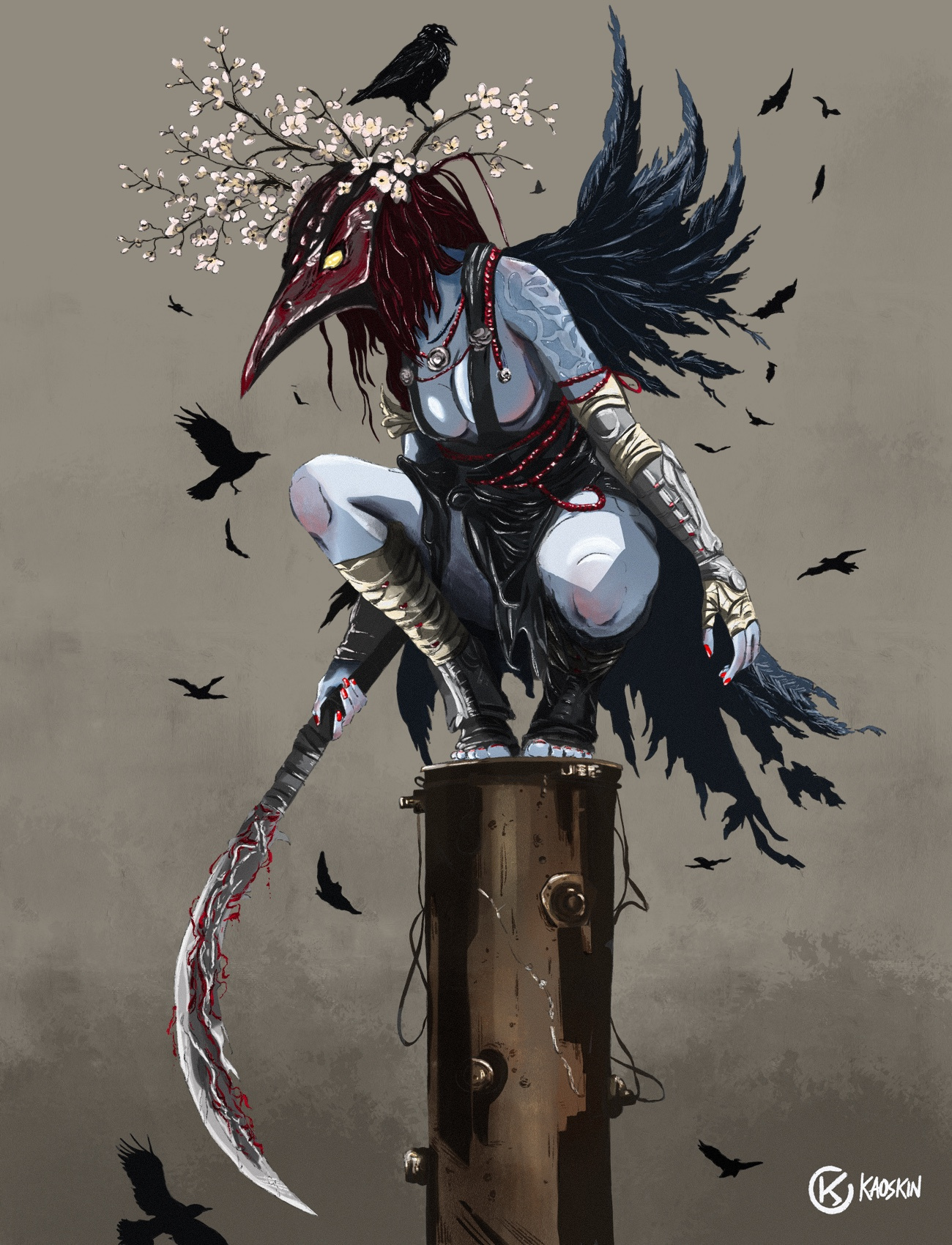 Karasu characterdesign contemporaryart crows darkart darkcharacter digitalart illustration mask procreate procreateart wings