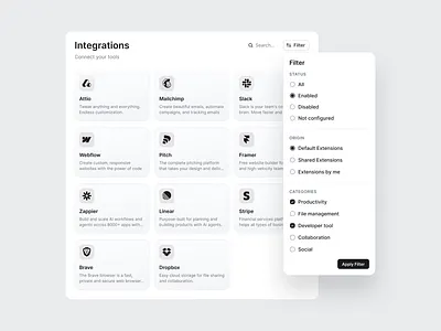 Integration Page cards categories client dashboad design dropdown figma filter ui filtering integration integration filter logos product design saas sales status ui uiux