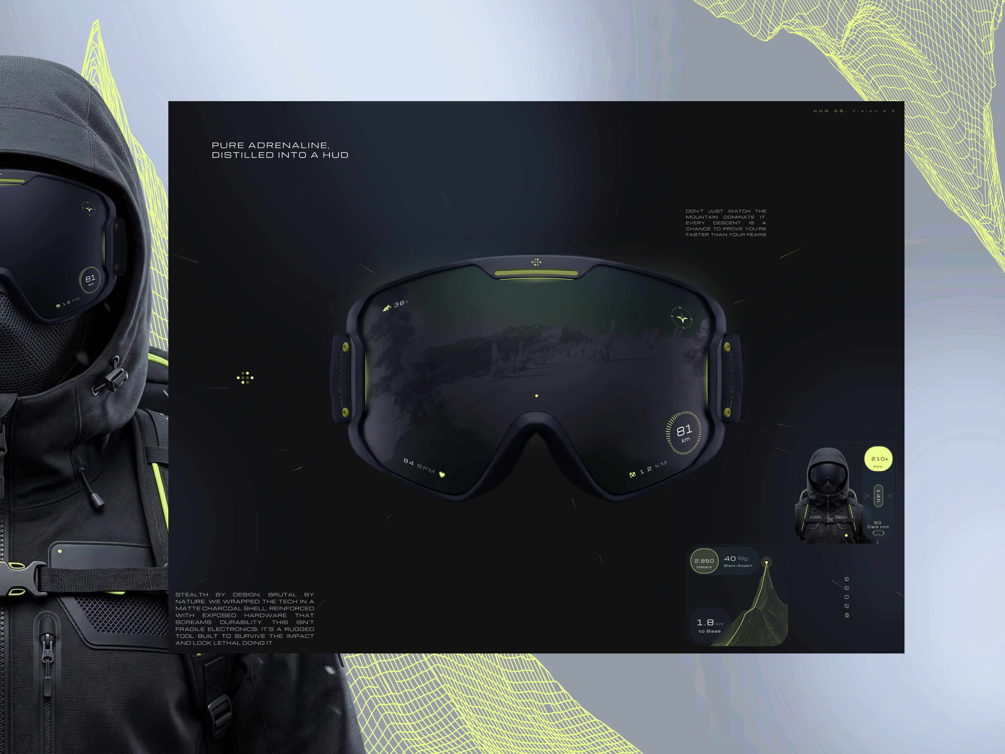 AR Goggles HUD — Tactical Freeride 3d animation ar cyberpunk darkmode dashboard goggles graphic design hud interface motion graphics productdesign spatialdesign sports ui ux wearable