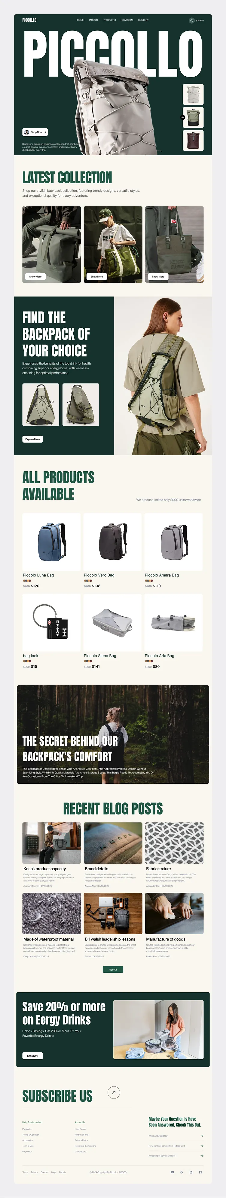 Piccollo - Backpack E-Commerce Landing Page design e commerce web design graphic design ui ux
