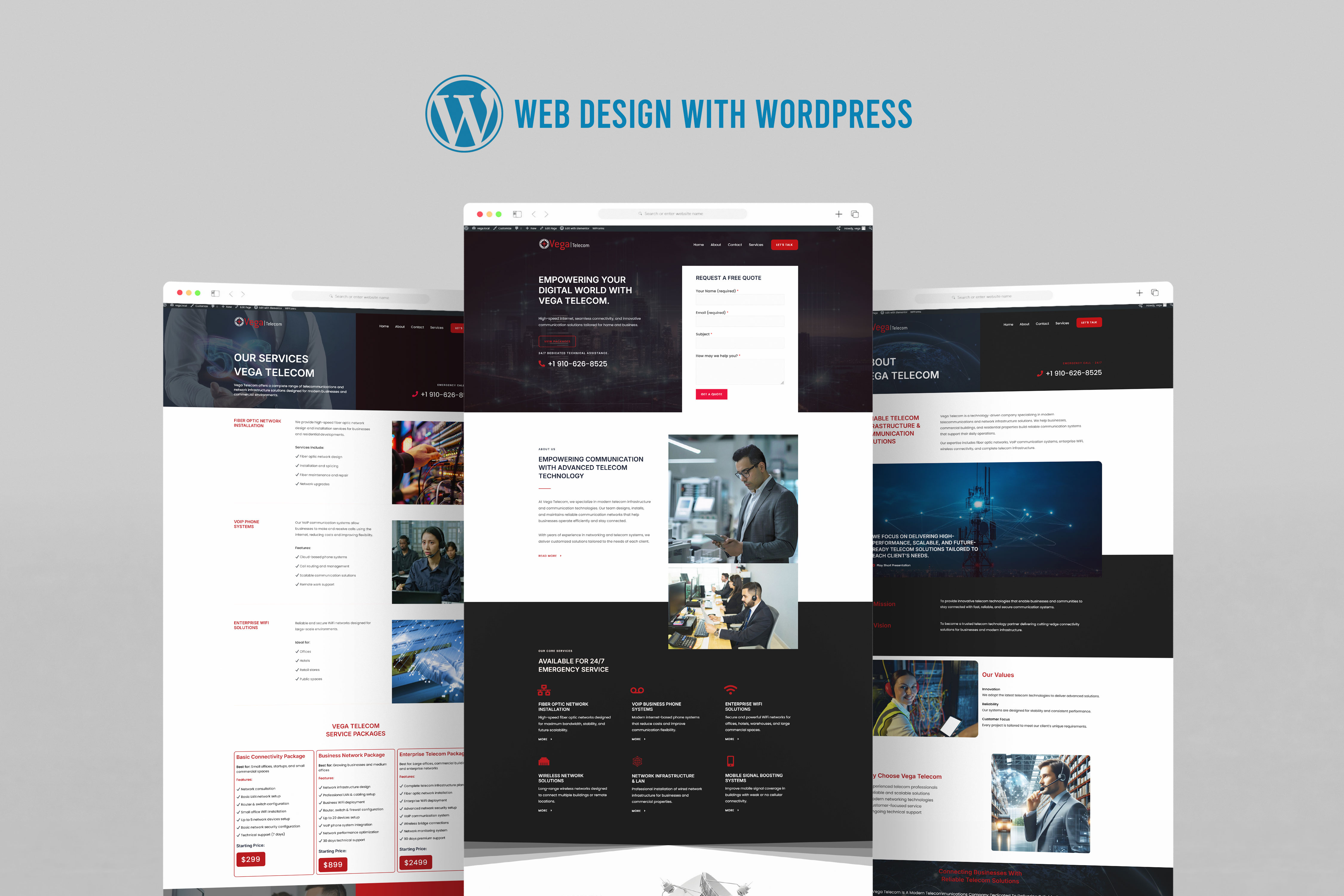 Web Design ( Vega Telecom ) elementor front end landing page minimalist modern ui premium responsive ui design ux design web design website development wordpress