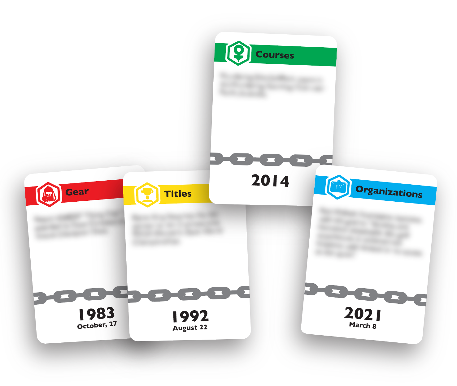 Chain of Events Sample Cards adobe cards chain courses design disc golf events frisbee game gear graphic design history logo organizations poker sports timeline titles trivia typography