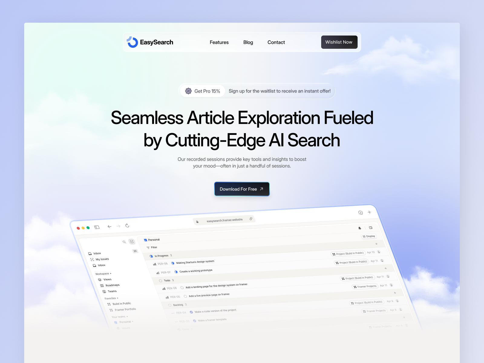 Example of AI Search SaaS Landing Page – EasySearch Website UI
