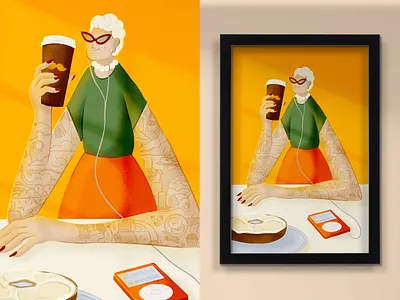 Character Illustration for Restaurant Artwork Package badass grandma bagel breakfast coffee einstein bros bagels exaggerated forms grandma illustration ipod lighting music own the morning pear necklace sleeves sunglasses sunrise tattoo sleeves tattoos vicarel studios