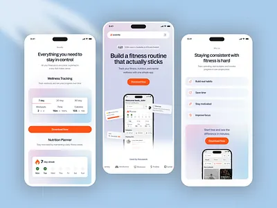 Fitness & Meditation App Landing Page - Responsive app design app landing page clean design fitness fitness app health app ios app landing page meditation minimal design mobile app mobile design mobile ui product design startup ui design ux design website design wellness workout