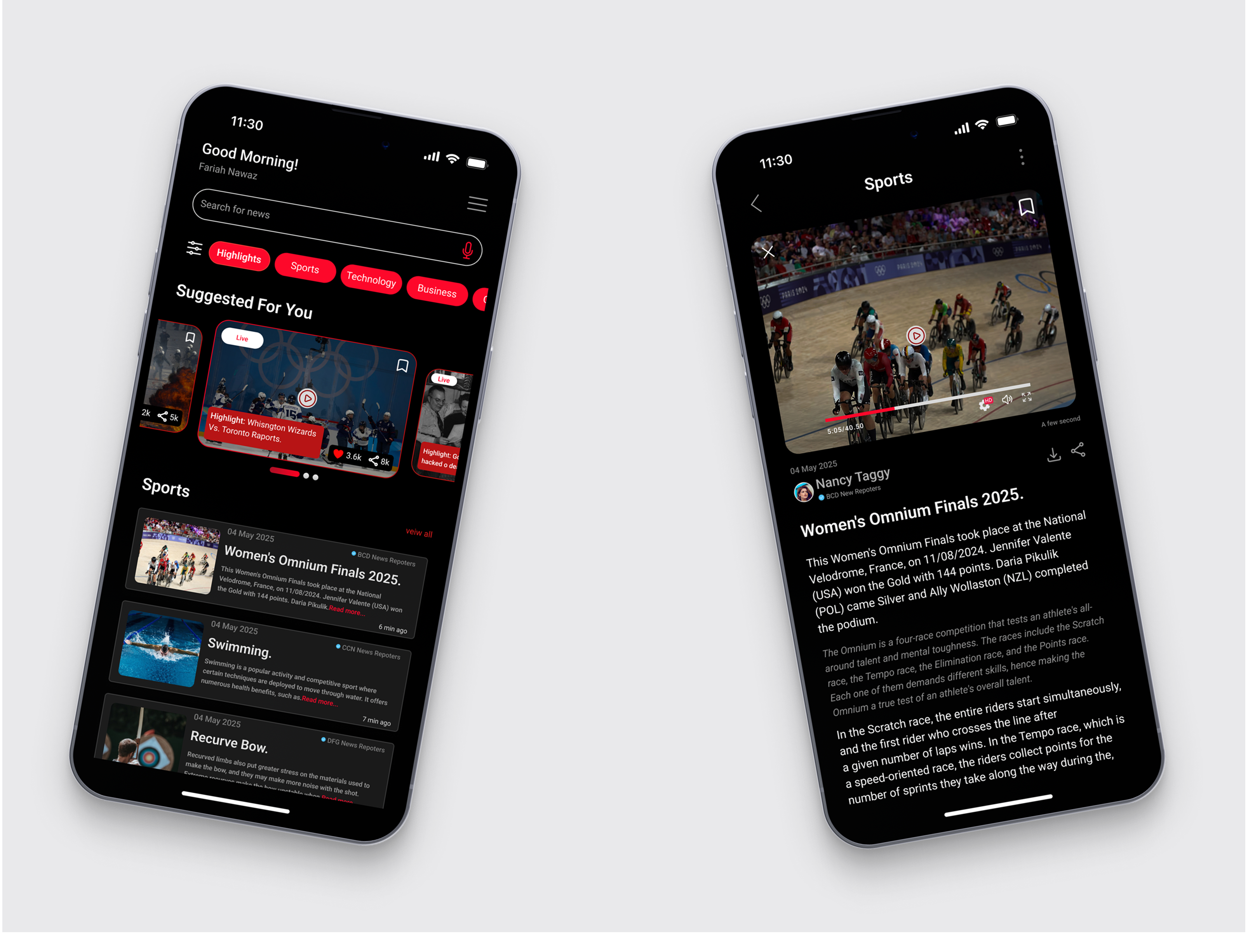 Sports News Mobile App UI – Dark Modern Interface appdesign appui darkui designinspiration dribbble figmadesign interface minimalui mobileapp mobileui modernui newsapp productdesign sports sportsapp uiconcept uidesign uiinspiration uiux uxdesign