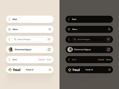 freud v3: AI Mental Health App - Mobile Navigation Bar Component brown calm clean dark mode flat freud ui kit green minimal mobile nav bar mobile navigation bar modern nav bar nav bar nav bar ui navigation bar navigation bar component navigation ui strangehelix top bar ui
