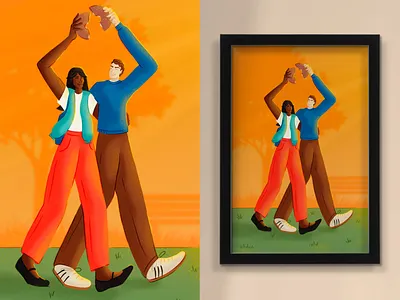Restaurant Brand Illustration Art | Einstein Bros Bagels bagel bagels breakfast cheers couple diverse couple diversity grass illustration morning orange pants park sun sunrise tree walk walking walking in the park warmth