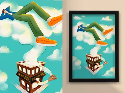 Cloud Guy Restaurant Illustration Art | Einstein Bros Bagels bagels baker building chef cloud dream dreaming dreamy float floating guy illustration man orange smoke steam surrealism surrealistic illustration teal windows