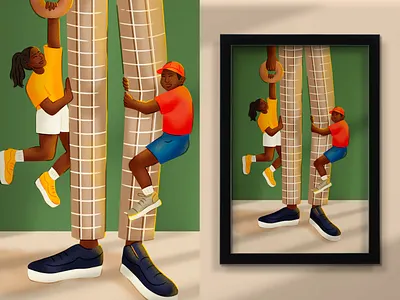 Kids with Dad Brand Illustration | Einstein Bros Bagels bagel breakfast climbing dad family green illustration kids legs mom pants plaid shoes wild