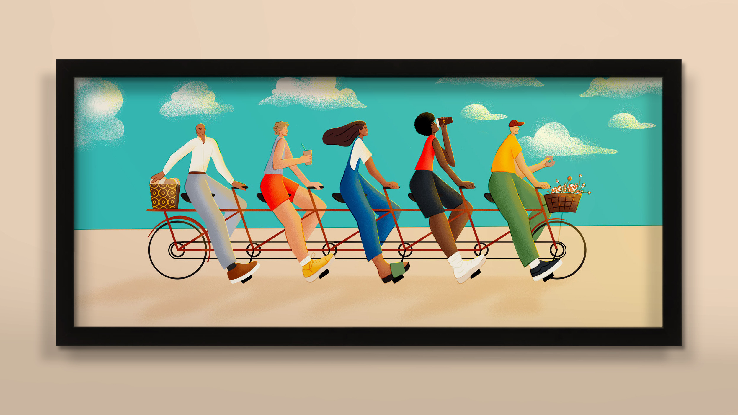 Group of Bikers Tandem Illustration | Einstein Bros Bagels Art basket bicycle bike biking breakfast coffee exercise friends illustration illustrator neighborhood open air outside rider rides sky tandem tandem bike wheel