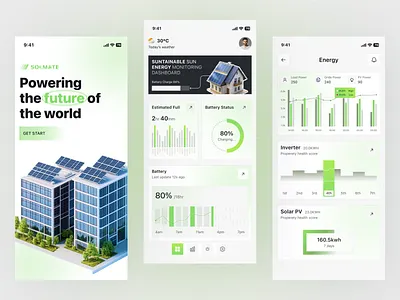 Solmate – Sustainable Energy Mobile App UI app design energy consumption app energy monitoring energy solutions environment green energy minimal ui design mobile app mobile app ui monitor product design renewable renewable energy solar solar energy solar energy monitoring app solar power uiux web