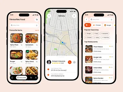 Food Delivery App UI – Favourite, Map & Search app app design creative mobile app delivery app delivery status tracking food food delivery food delivery app ui food order app food ordering app ios mobile ui mobile mobile app mobile app design mobile app ui mobile ux order status tracking product design resturant app design