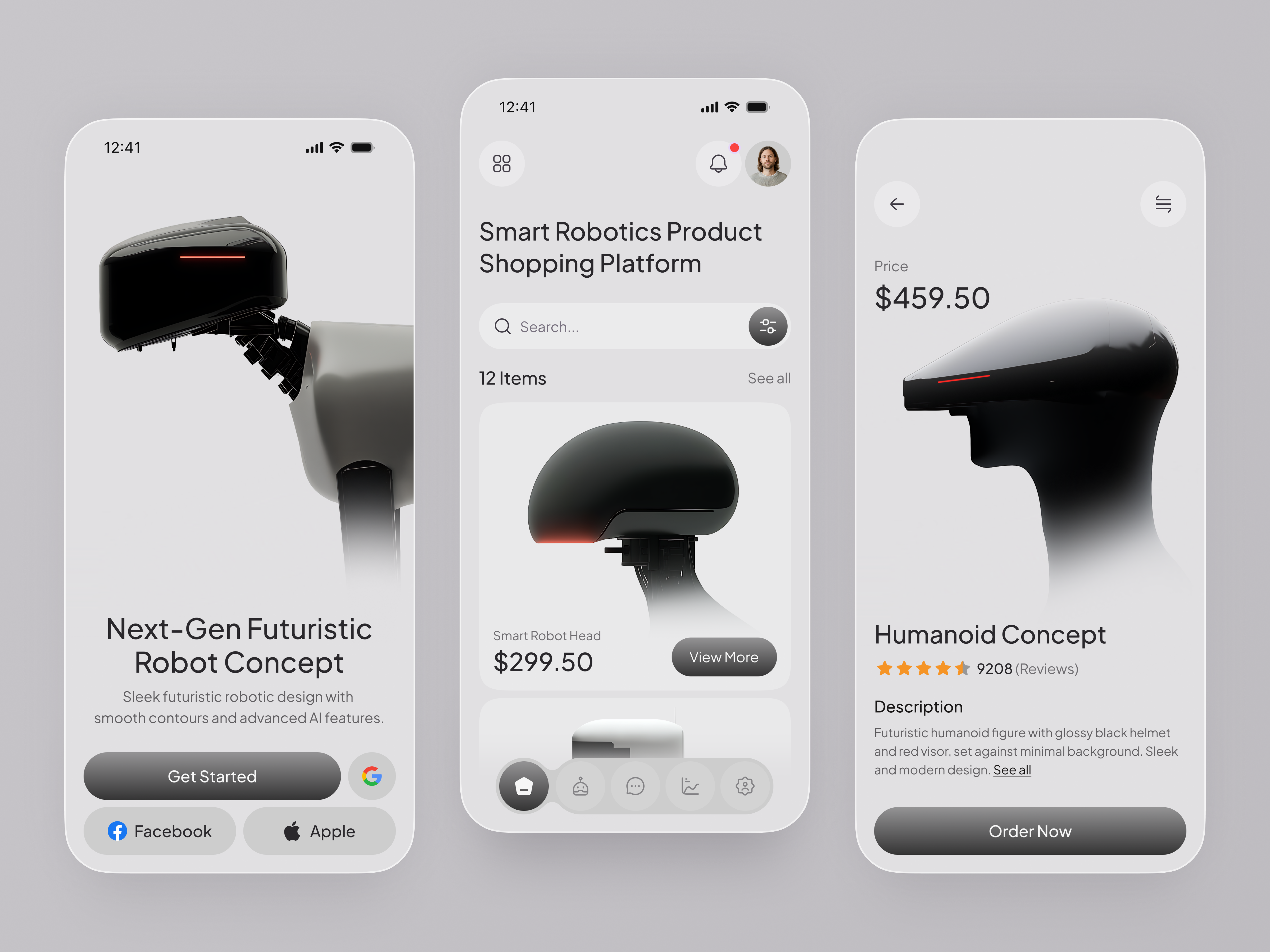Futuristic Robotics Shopping Mobile App UI ai ai robot app app design delivery app design ecommerce app future tech interface design marketplace mobile mobile app mobile design modern ui robot robot design saas app shopping ui web