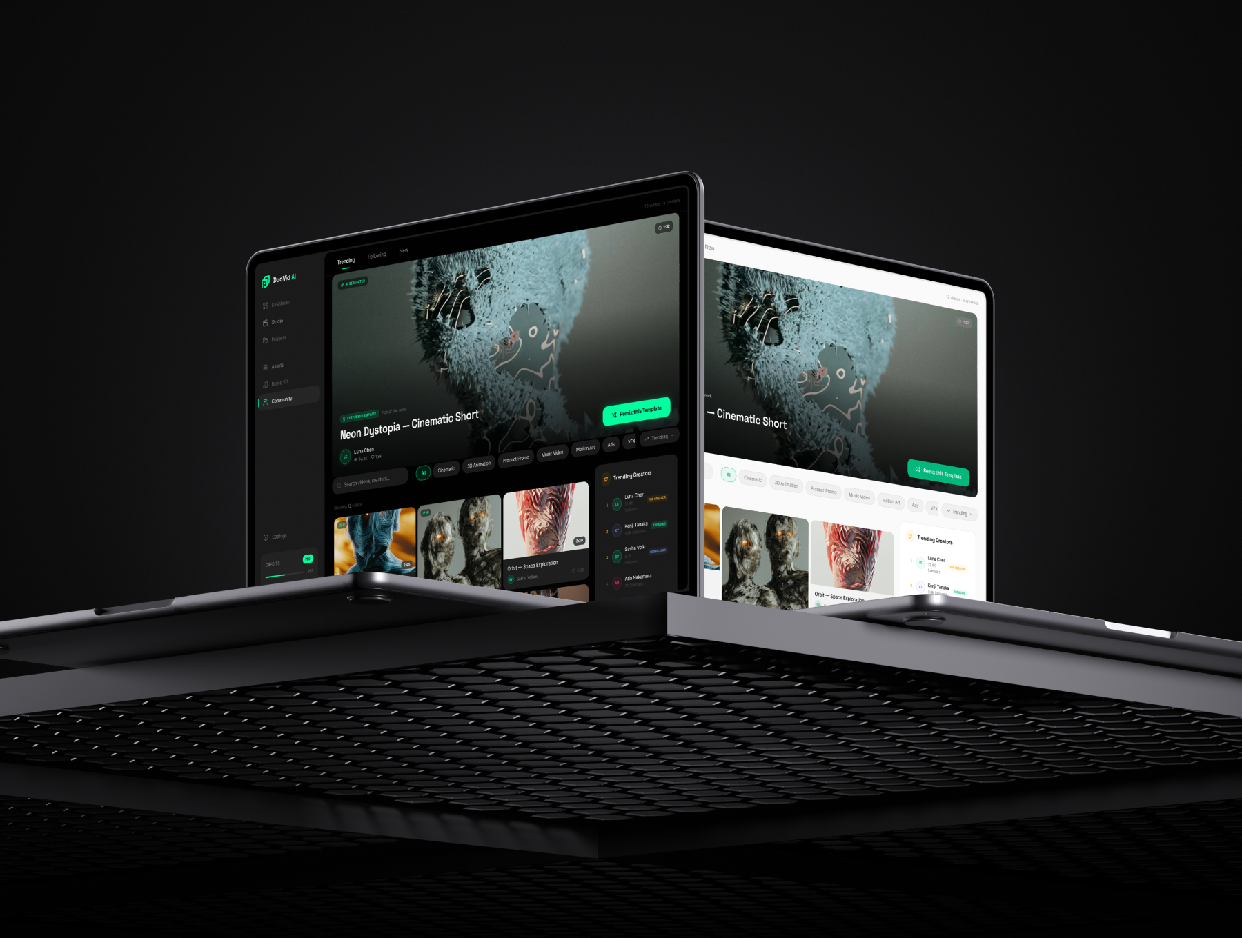 DuoVid AI Dashboard (Light & Dark Mode) admin panel ai artificial intelligence auto layout clean dark mode dashboard design system figma figma variables generative ai interface light mode modern saas timeline ui ux video generator web design